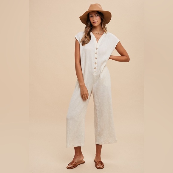 Anniewear Pants - NWOT COMFY OVERSIZED CASUAL CREAM/OATMEAL JUMPSUIT WITH BUTTONS